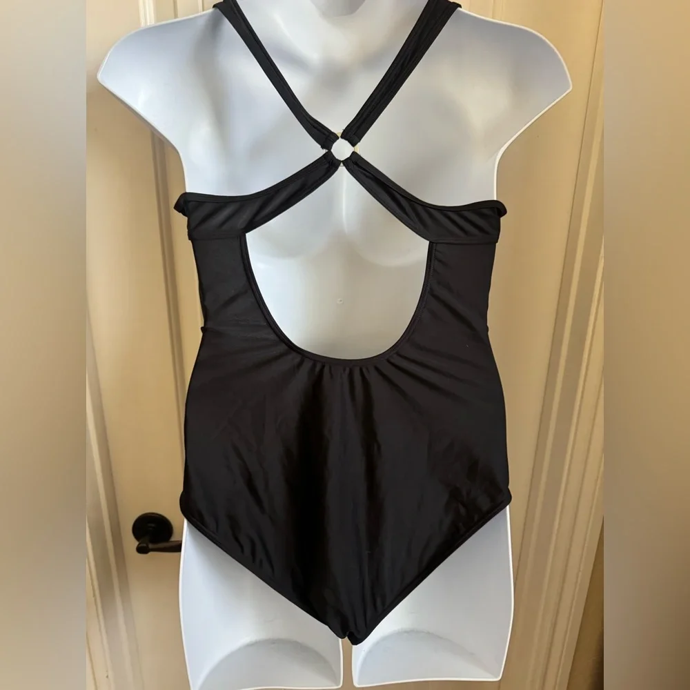 NWT Tournesol One Piece Black Swimsuit Cut Out V Neck Cross-Back Straps, Large